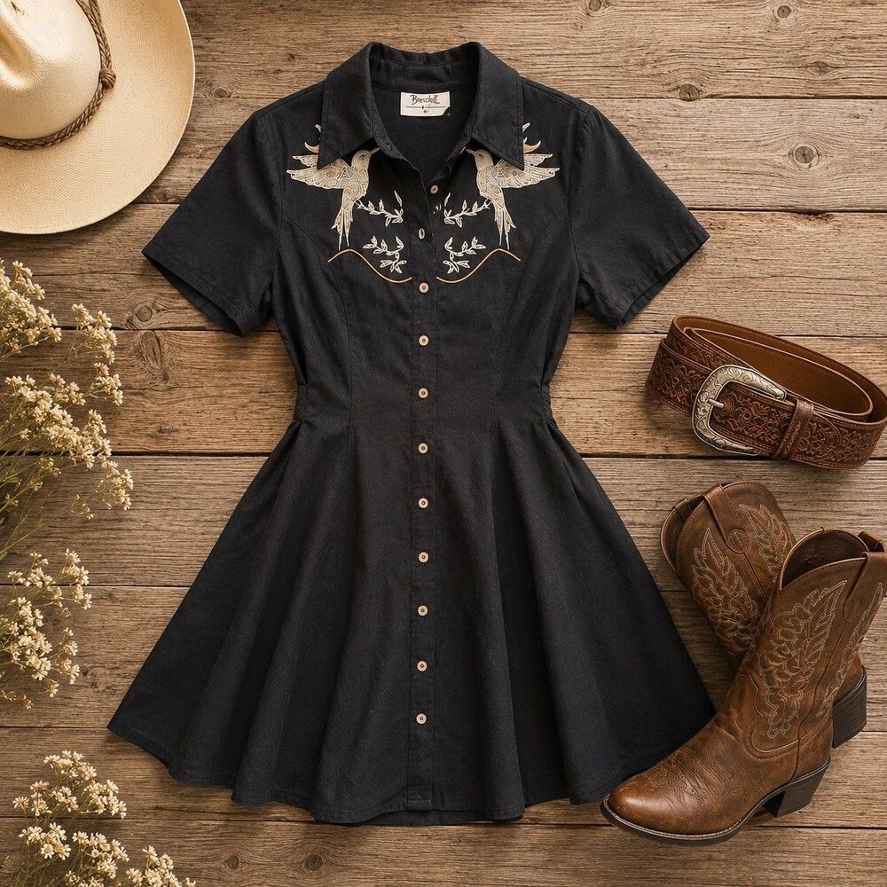 Boozelele Under the Palmtrees Dress Medium Black Western Embroidered 100% Cotton